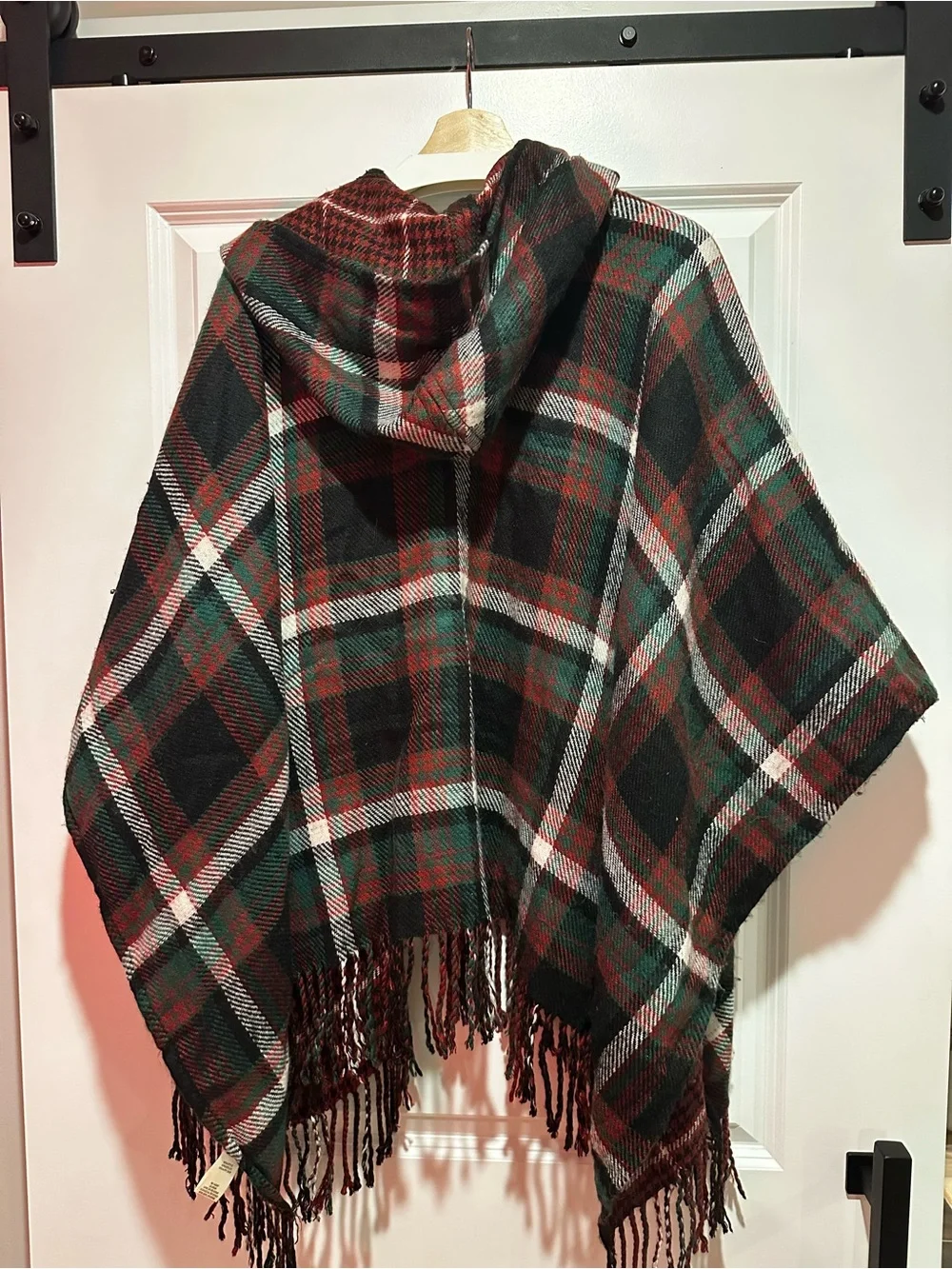 Simply Noelle Plaid Hooded Fringe Poncho in Red, Green & Black